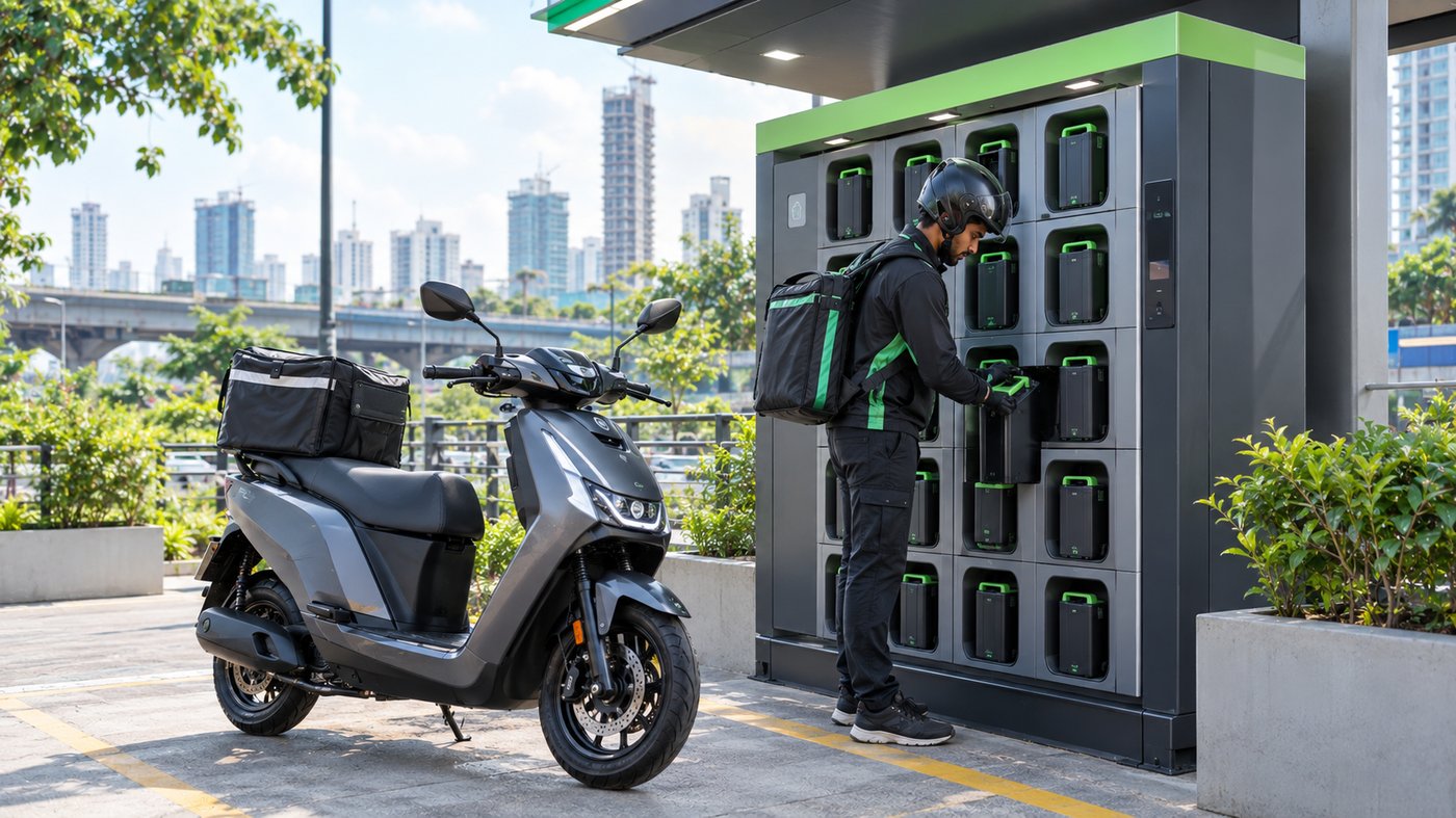 Limo Green rider swapping a battery at a curbside swap cabinet, city skyline behind