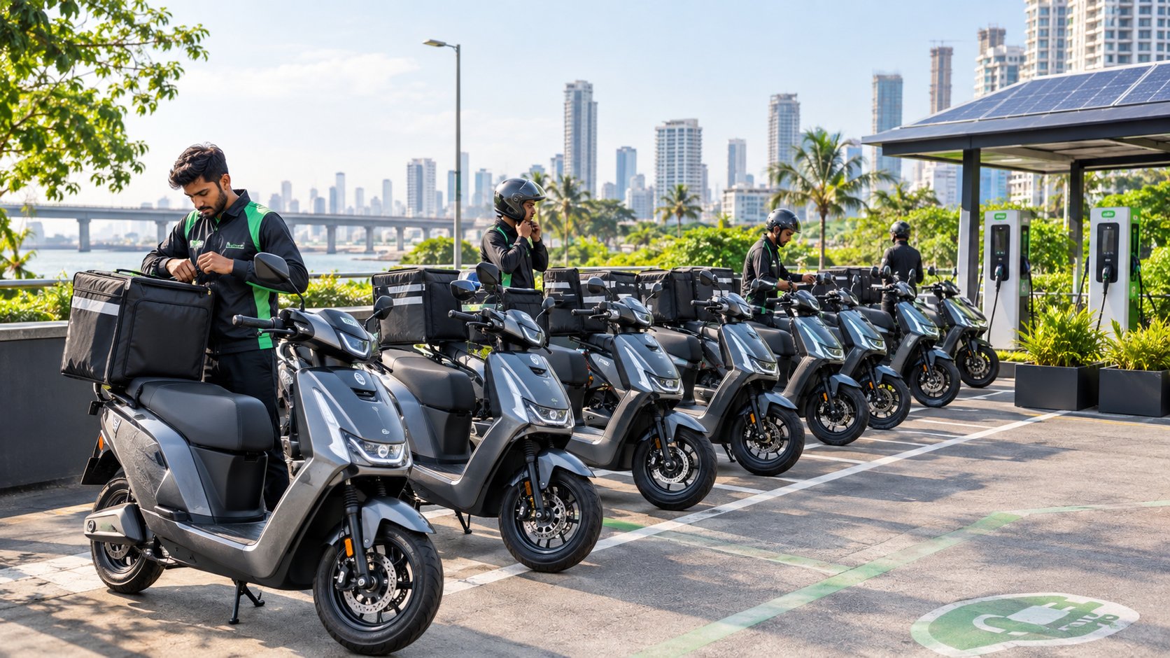 Limo Green riders with their electric scooters at a solar-powered charging bay, city skyline in the background